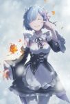  1girl blood blue_hair bruise closed_eyes detached_sleeves domik frills hair_ornament hair_over_one_eye injury maid maid_headdress open_mouth purple_ribbon re:zero_kara_hajimeru_isekai_seikatsu rem_(re:zero) ribbon short_hair smile snowing solo tears white_legwear x_hair_ornament 