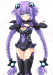  1girl blue_eyes braid breasts choujigen_game_neptune cleavage cleavage_cutout cross_(crossryou) female hair_ornament heart heart_hands leotard long_hair looking_at_viewer neptune_(choujigen_game_neptune) neptune_(series) purple_hair purple_heart solo standing symbol-shaped_pupils thigh-highs twin_braids 