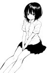  1girl ama-tou bare_legs between_legs buttons collar collarbone collared_shirt expressionless eyelashes hand_between_legs highres lineart looking_to_the_side monochrome original shiny shiny_hair shirt short_hair short_sleeves simple_background sitting skirt solo white_background 