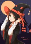  1girl bare_tree black_hair bow collared_shirt fang fang_out green_eyes halloween happy_halloween hat highres house itachi_kanade long_hair looking_at_viewer moon necktie night orange_bow original robe shirt smile solo striped striped_necktie tree witch witch_hat 