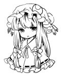  ama-tou annoyed bolo_tie bun_cover collar eyelashes frills hair_bun hair_ribbon hat lineart long_hair looking_to_the_side mob_cap monochrome open_mouth patchouli_knowledge portrait ribbon ribbon-trimmed_clothes ribbon_trim simple_background touhou tress_ribbon tsurime white_background 