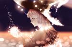  1girl bare_shoulders black_hat brown_eyes english from_side ghost glasses glowing halloween hana_(asml30) hat light long_hair looking_down original pink_hair profile solo sparkle upper_body witch witch_hat 