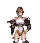  1girl apollonia_vaar armor bare_shoulders blue_eyes brown_hair gauntlets granblue_fantasy hand_on_hip leotard looking_at_viewer minaba_hideo serious short_hair simple_background solo thigh-highs torn_clothes transparent_background 