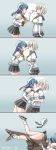  2girls bare_shoulders black_legwear blue_background blue_eyes blue_hair blush breast_press breasts comic dated double_bun elbow_gloves embarrassed food gloves gradient gradient_background grey_skirt gusset hair_ornament hairclip hamakaze_(kantai_collection) hat highres kantai_collection large_breasts long_hair looking_at_another midriff multiple_girls panties pantyhose pocky pocky_kiss sandals shared_food shirt short_hair short_sleeves silver_hair simple_background skirt socks tatsumi_rei thighband_pantyhose twitter_username underwear urakaze_(kantai_collection) white_gloves white_panties white_shirt yuri 