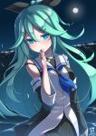  1girl 2016 aqua_eyes aqua_hair arm_at_side bare_shoulders black_dress blurry blush breasts dated depth_of_field detached_sleeves dress finger_to_mouth full_moon hair_between_eyes hair_ornament hairclip highres island kantai_collection long_hair looking_at_viewer moon night night_sky signature sky small_breasts solo upper_body water yamakaze_(kantai_collection) yaosera 