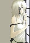  1girl blue_eyes breasts cleavage collarbone hair_ornament indoors kauto long_hair off_shoulder original shirt silver_hair solo white_shirt wings zinnia_silane 
