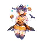  1girl antenna_hair aqua_eyes balloon bare_shoulders boots bubble_skirt cape carrying choker frilled_skirt frills full_body garter_straps gradient_hair head_wings jack-o&#039;-lantern kneeling looking_at_viewer multicolored_hair official_art open_mouth pink_hair purple_hair short_hair skirt smile solo striped sukja thigh-highs thigh_boots transparent_background uchi_no_hime-sama_ga_ichiban_kawaii vertical_stripes 