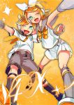  1boy 1girl ;d aqua_eyes black_shorts blonde_hair bow bowtie detached_sleeves fortissimo hand_on_another&#039;s_back headphones highres hug kagamine_len kagamine_len_(vocaloid4) kagamine_rin kagamine_rin_(vocaloid4) leaning_back leaning_forward leaning_on_person necktie one_eye_closed open_mouth orange_background outstretched_arm outstretched_leg piano_print sailor_collar see-through semaru short_hair shorts siblings smile sparkle twins v4x vocaloid white_shorts 