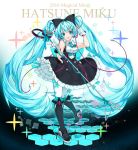  1girl 2016 :d \m/ aqua_eyes aqua_hair boots character_name dress full_body gloves hatsune_miku highres juna knee_boots long_hair looking_at_viewer magical_mirai_(vocaloid) microphone microphone_stand necktie open_mouth pantyhose smile solo twintails very_long_hair vocaloid white_gloves 