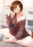  1girl :d alcohol bare_shoulders barefoot beer blush bottle can closed_eyes collarbone daidou_(demitasse) drunk highres indoors meiko no_pants open_mouth shelf sitting smile solo sweater vocaloid 