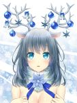  1girl antlers aqua_eyes bangs bare_shoulders bauble bell black_hair blue_bow blue_eyes blue_flower blue_ribbon blush bow breasts christmas christmas_ornaments cleavage commentary daidai_jamu eyebrows eyebrows_visible_through_hair grey_hair highres long_hair looking_up original parted_lips reindeer_antlers reindeer_ears ribbon shiny shiny_hair snowflake_background solo star tareme 