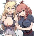  2girls alternate_costume arm_grab arm_hug bare_shoulders belt black_dress blonde_hair blue_eyes blush breast_pocket breasts brown_eyes brown_hair cleavage_cutout detached_sleeves dress female hair_between_eyes hair_ornament hand_on_hip hug iowa_(kantai_collection) kantai_collection large_breasts long_hair looking_at_viewer military military_uniform multiple_girls navel_cutout necktie open_mouth remodel_(kantai_collection) round_teeth saratoga_(kantai_collection) short_sleeves side_ponytail skirt skirt_set smile star star-shaped_pupils symbol-shaped_pupils teeth uniform upper_body xiu_jiayihuizi yuri 
