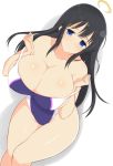  1girl bangs bare_shoulders black_hair blue_eyes blush breasts cleavage closed_mouth collarbone cowboy_shot dutch_angle halo huge_breasts leaning_forward legs_together long_hair noeomi one-piece_swimsuit ryouki_(senran_kagura) senran_kagura senran_kagura_(series) senran_kagura_estival_versus sidelocks smile solo strap_slip swimsuit thighs 