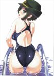  1girl ass black_eyes black_hair character_name chouno_ami competition_swimsuit english girls_und_panzer green_hat hat highres looking_at_viewer looking_back military_hat nenchi one-piece_swimsuit open_mouth pool scan short_hair smile solo standing swimsuit upper_body wading white_background 