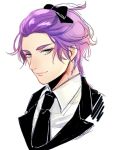  1boy blue_eyes bow formal hair_bow kasen_kanesada lips male_focus necktie purple_hair smile suit touken_ranbu tyk_(mo_co0525) upper_body 