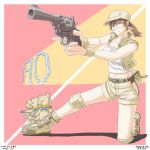  1girl aiming artist_request baseball_cap belt boots breasts brown_eyes brown_hair fio_germi foreshortening glasses gloves gun handgun hat metal_slug midriff military navel one_eye_closed one_knee ponytail shorts solo stuffed_animal stuffed_toy teddy_bear trigger_discipline weapon 