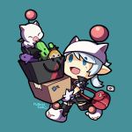  1girl blue_eyes box chibi final_fantasy final_fantasy_xiv hat lalafell moogle pointy_ears rue_(ruenis_chronowing) silver_hair simple_background slippers 