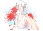  1girl bare_legs barefoot blue_eyes blush commentary_request flower hair_between_eyes looking_at_viewer nightgown original otokuyou ringo-chan_(otokuyou) short_hair sitting solo spider_lily white_hair 