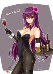  1girl alcohol bare_shoulders beer beer_mug black_legwear breasts bunnysuit cleavage collarbone contrapposto covered_navel dated detached_collar elbow_gloves english fate/grand_order fate_(series) flower foam glass gloves hair_flower hair_ornament highleg highleg_leotard highres leotard long_hair looking_at_viewer midnight_(banyex) one_eye_closed pantyhose patreon playboy_bunny_leotard red_eyes scathach scathach_(fate/grand_order) simple_background smile solo thigh_strap type-moon wink wrist_cuffs 