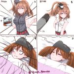  2girls 4koma anchor bags_under_eyes before_and_after belt black_dress breast_envy breast_pocket breasts brown_hair card comic dilated_pupils disco_brando dreaming dress eyebags female flat_chest grey_eyes hat highres kantai_collection long_hair missile multiple_girls number red_neckerchief remodel_(kantai_collection) ryuujou_(kantai_collection) saratoga_(kantai_collection) sleeping smokestack surprised twitter_username visor_cap waking_up white_background white_dress 
