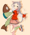  animal_ears bow cat_ears cat_tail chino_ukana fish_pillow green_eyes green_legwear looking_at_viewer looking_back original shoe_bow shoes silver_hair skirt socks standing standing_on_one_leg tail 