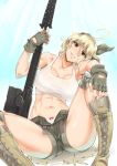  1girl abs ahoge bandanna blonde_hair boots bow bow_panties bullet crop_top cross-laced_footwear fingerless_gloves gloves grin gun kasamoto_eri knee_pads kneehighs looking_at_viewer metal_slug open_fly panties short_shorts shorts sitting smile solo spread_legs stormcow tank_top toned underwear weapon 