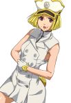  1girl anime_coloring armpits bangs bare_shoulders bleach blonde_hair blood blood_on_face blunt_bangs bob_cut dress gloves hat liltotto_lamperd looking_at_viewer military military_uniform namakemono_(u446644k) open_mouth red_eyes shirt short_dress short_hair sleeveless sleeveless_shirt solo uniform wandenreich white_background white_dress white_gloves 