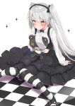  1girl alternate_costume amatsukaze_(kantai_collection) black_dress blush boko_(girls_und_panzer) checkered checkered_floor cosplay dress embarrassed eyebrows eyebrows_visible_through_hair full_body girls_und_panzer hair_between_eyes highres kantai_collection long_hair long_sleeves nezumi_doshi shimada_arisu shimada_arisu_(cosplay) silver_hair simple_background sitting solo striped striped_legwear stuffed_animal stuffed_toy teddy_bear twintails white_background 