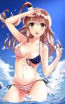  1girl american_flag_bikini bare_shoulders bikini blue_sky breasts brown_eyes brown_hair cleavage collarbone flag_print front-tie_top hand_on_forehead highres kantai_collection long_hair looking_at_viewer navel open_mouth rko_(a470350510) saratoga_(kantai_collection) side-tie_bikini skindentation sky solo string_bikini swimsuit wading 