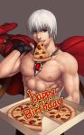  1boy abs absurdres blue_eyes chain_necklace dante_(devil_may_cry) devil_may_cry devil_may_cry_3 fingerless_gloves food gloves happy_birthday highres jacket_over_shoulder kiazee male_focus mouth_hold muscle pizza pizza_box shirtless silver_hair solo 