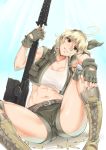  1girl abs ahoge bandanna blonde_hair boots bullet crop_top cropped_jacket cross-laced_footwear fingerless_gloves gloves grin gun kasamoto_eri knee_pads kneehighs looking_at_viewer metal_slug sitting smile solo spread_legs stormcow tank_top toned weapon 