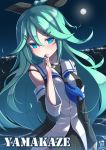  1girl 2016 aqua_eyes aqua_hair arm_at_side bare_shoulders black_dress blurry blush breasts character_name dated depth_of_field detached_sleeves dress finger_to_mouth full_moon hair_between_eyes hair_ornament hairclip highres island kantai_collection long_hair looking_at_viewer moon night night_sky signature sky small_breasts solo upper_body water yamakaze_(kantai_collection) yaosera 