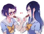  2girls blue_eyes blue_hair blush dokidoki!_precure eye_contact food glasses heart hishikawa_rikka kenzaki_makoto long_hair looking_at_another multiple_girls negom precure purple_hair red-framed_eyewear saliva school_uniform sexually_suggestive short_hair short_sleeves simple_background violet_eyes white_background yuri 