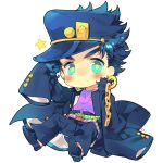  1boy aqua_eyes belt blue_hair chains chibi earrings frown full_body gakuran hat jewelry jojo_no_kimyou_na_bouken kuujou_joutarou long_sleeves male_focus multicolored_eyes school_uniform signature sitting solo star stud_earrings toujou_sakana yellow_eyes 