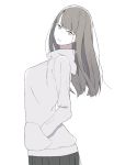  1girl black_hair breasts female hand_in_pocket highres hood hoodie leaning_back long_hair looking_at_viewer natuich original pleated_skirt simple_background skirt solo violet_eyes white_background 