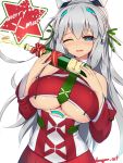  1girl android artist_name bare_shoulders blue_eyes blush bottle breasts dangan_neko detached_sleeves hair_ribbon headgear highres holding large_breasts long_hair merry_christmas one_eye_closed open_mouth original ribbon silver_hair simple_background smile solo star under_boob white_background wine_bottle 