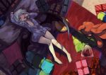 1girl ball bare_legs barefoot bat_wings berabou box from_above gift gift_box indoors long_sleeves lying naked_shirt on_back red_eyes remilia_scarlet shirt short_hair silver_hair solo stuffed_animal stuffed_toy teddy_bear touhou wings 