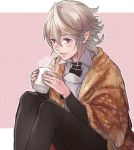 1boy black_necktie blanket blush bow cup fire_emblem fire_emblem_if hair_between_eyes hashiko_(neleven) holding male_focus male_my_unit_(fire_emblem_if) mug my_unit_(fire_emblem_if) necktie parted_lips patterned_background pink_bow pointy_ears rectandoll_senki_revolution red_eyes silver_hair sitting smile solo steam 