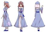  1girl bangs blue_bow blue_hat blue_ribbon blue_shoes bow breasts character_sheet closed_mouth collarbone dress eyebrows eyebrows_visible_through_hair female frilled_dress frilled_sleeves frills from_behind from_side full_body hair_between_eyes hand_up hat high_heels holding large_breasts long_sleeves looking_at_viewer mob_cap multiple_views neck_ribbon neko_(yanshoujie) own_hands_together pink_eyes pink_hair profile ribbon ribbon-trimmed_collar ribbon_trim saigyouji_yuyuko shoes simple_background socks solo standing the_sealed_esoteric_history touhou triangular_headpiece turnaround white_background white_legwear wide_sleeves 