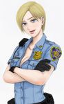  1girl badge bekio belt black_gloves blonde_hair blue_eyes breasts cleavage collarbone crossed_arms cybil_bennett gloves highres large_breasts name_tag open_mouth pin police police_uniform policewoman short_hair silent_hill smile solo uniform upper_body walkie-talkie 