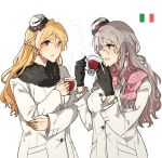  2girls alternate_costume asakawa_(outeq) bad_anatomy black_gloves blonde_hair blush bow braid breasts brown_eyes coat cup french_braid gloves grey_hair hair_between_eyes hat italy kantai_collection long_hair long_sleeves looking_at_another mini_hat multiple_girls pola_(kantai_collection) red_bow scarf sideways_mouth simple_background smile steam upper_body wavy_hair white_background zara_(kantai_collection) 