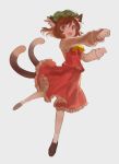  1girl :d animal_ears bow bowtie brown_eyes brown_hair cat_ears cat_tail chen fang frilled_skirt frills hat jewelry long_sleeves mob_cap multiple_tails nekomata okakan open_mouth red_skirt short_hair simple_background single_earring skirt smile solo tail touhou two_tails yellow_bow 