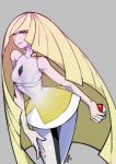  1girl absurdres bare_arms blonde_hair closed_mouth collarbone dress gem green_eyes grey_background haimerejzero highres holding holding_poke_ball impossible_clothes leggings lips long_hair lusamine_(pokemon) mature multicolored_hair no_pupils poke_ball pokemon pokemon_(game) pokemon_sm purple_hair short_dress simple_background smile solo streaked_hair very_long_hair white_dress 