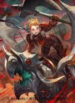  1girl armor armored_boots axe blonde_hair boots clouds cloudy_sky company_name crimson_(fire_emblem_if) dragon fire_emblem fire_emblem_cipher fire_emblem_if gloves hairband horse official_art open_mouth polearm red_eyes short_hair sky solo spear teeth weapon wings 