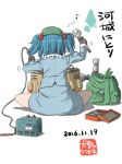  1girl 2016 bag blue_hair blue_shirt blue_skirt brown_gloves character_name collar cucumber dated frilled_collar frills from_behind gloves green_hat hair_bobbles hair_ornament hat inuno_rakugaki kawashiro_nitori machinery musical_note pocket quaver shirt sitting skirt solo toolbox touhou two_side_up white_background wire wrench 