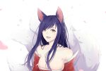  1girl absurdres ahri animal_ears bare_shoulders black_hair breasts cleavage collarbone detached_sleeves facial_mark fox_ears fox_tail highres korean_clothes large_breasts league_of_legends lips long_hair looking_at_viewer multiple_tails petals simple_background slit_pupils solo tail whisker_markings white_background yellow_eyes 