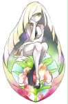  1girl bangs bare_arms blonde_hair blunt_bangs dress empty_eyes emussan flower gem green_eyes hair_over_one_eye knees_together_feet_apart leaf leggings long_hair looking_at_viewer lusamine_(pokemon) mature one_eye_closed open_toe_shoes pokemon pokemon_(game) pokemon_sm shoes short_dress simple_background sitting solo very_long_hair white_background 
