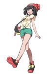  1girl armpit_peek bag bangs bare_legs beanie black_hair blue_eyes blush female_protagonist_(pokemon_sm) handbag hat open_mouth pokemon pokemon_(game) pokemon_sm red_hat shirt shoes short_hair short_shorts short_sleeves shorts sneakers solo strap_cleavage swept_bangs t-shirt walking walkure white_background wide_sleeves 