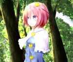  1girl blue_shirt blush breasts capelet closed_mouth day embellished_costume forest from_side heart komeiji_satori long_sleeves looking_away nature outdoors pink_hair shirt short_hair small_breasts solo touhou upper_body violet_eyes yuuforia 