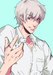  1boy blue_background collarbone facial_hair gakuen_handsome grey_eyes looking_at_viewer male_focus outstretched_hand silver_hair solo stubble teruhiko_saionji 